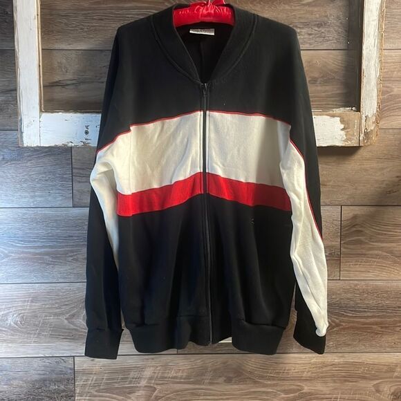 Track & Court Men’s Warm Up Sport Basketball Jacket Large Black White Red VTG - Picture 2 of 6